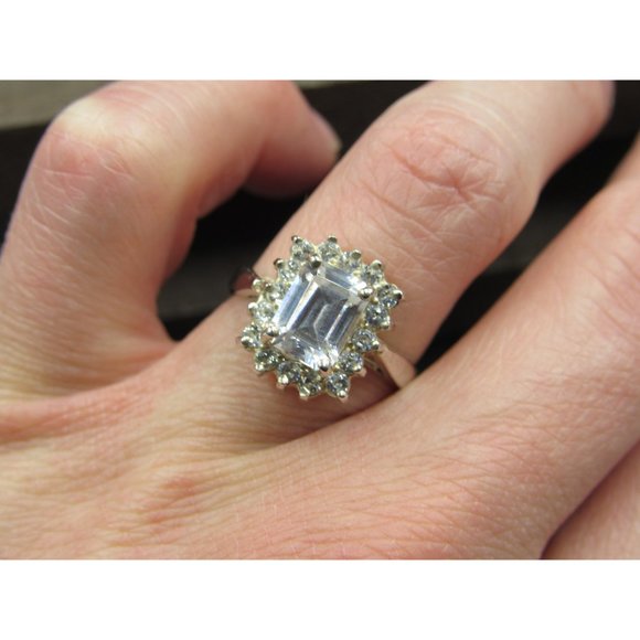 Size 7.75 Sterling Silver Tarnished Face Emerald Cut CZ Halo Band Ring - Picture 5 of 9